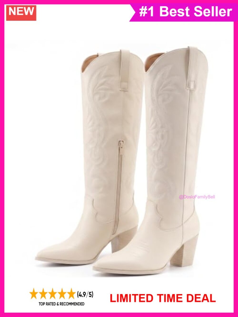 Knee High Western Cowboy Boots Faux Leather Chunky Heel Pointed Toe
